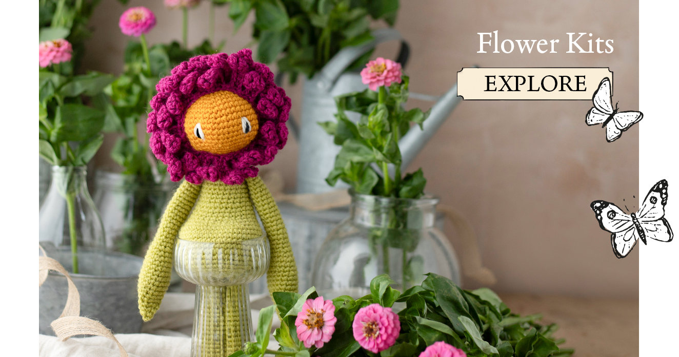 Flower kits crochet patterns zinnia TOFT